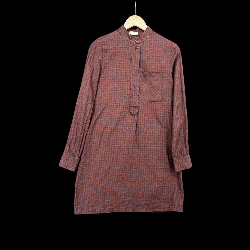 Billy Reid Plaid Tunic Mini Dress Womens Sz S Brown Blue Check USA Academia